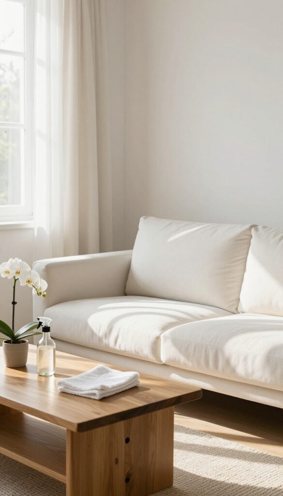 Bright spring living room with cleaning supplies on coffee table, fresh and minimal decor
