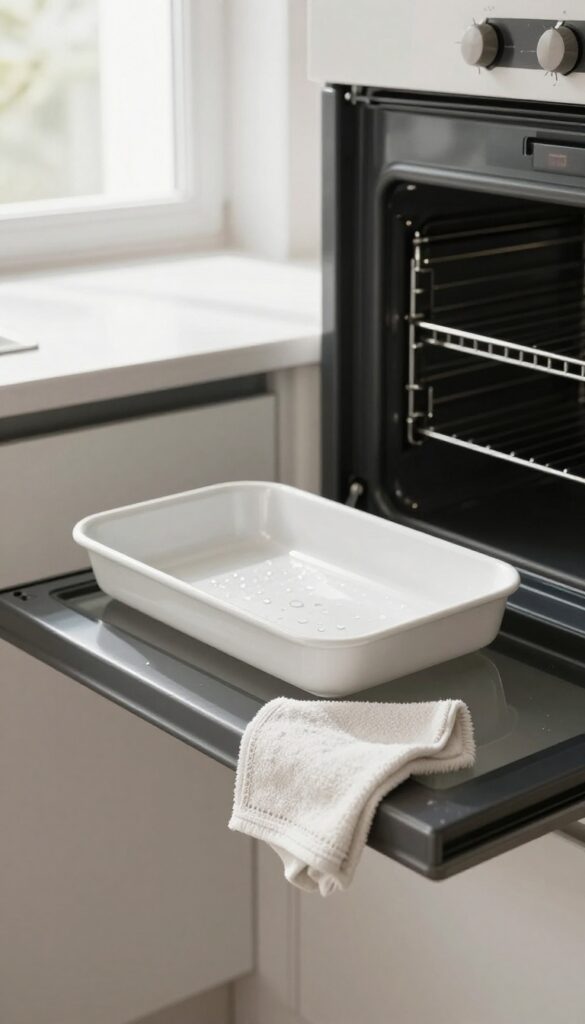 Sparkling clean oven interior with drip tray and cloth on counter