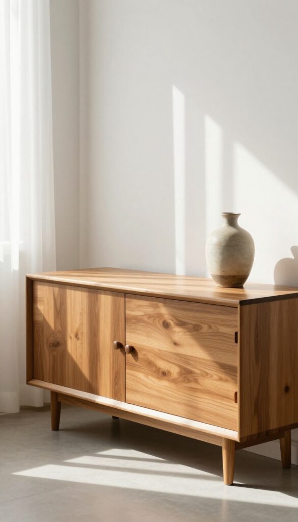 Wooden sideboard positioned away from direct sunlight with sheer curtains filtering light