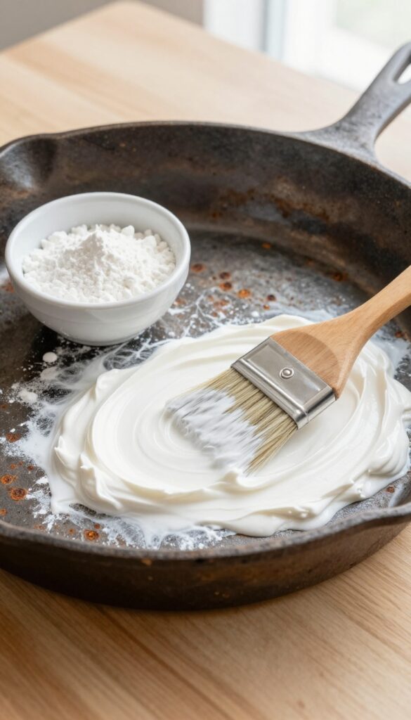 Applying cream of tartar paste to rusted cast iron skillet