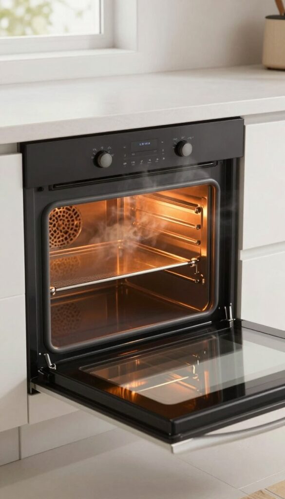 Oven self-cleaning cycle in progress with glowing heat and ash residue