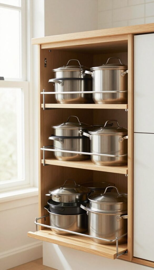 Pull-out shelves in a deep kitchen cabinet with organized pots and pans, bright natural light