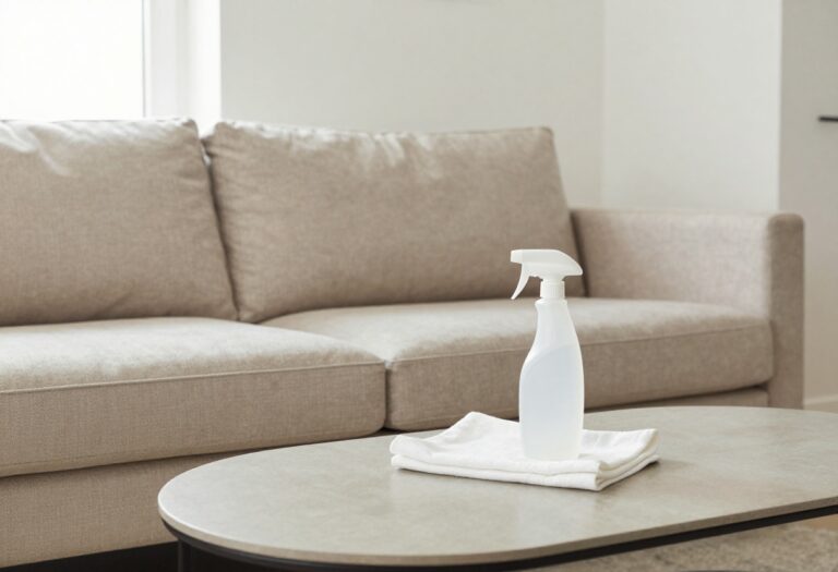 Clean beige couch with cleaning supplies on coffee table