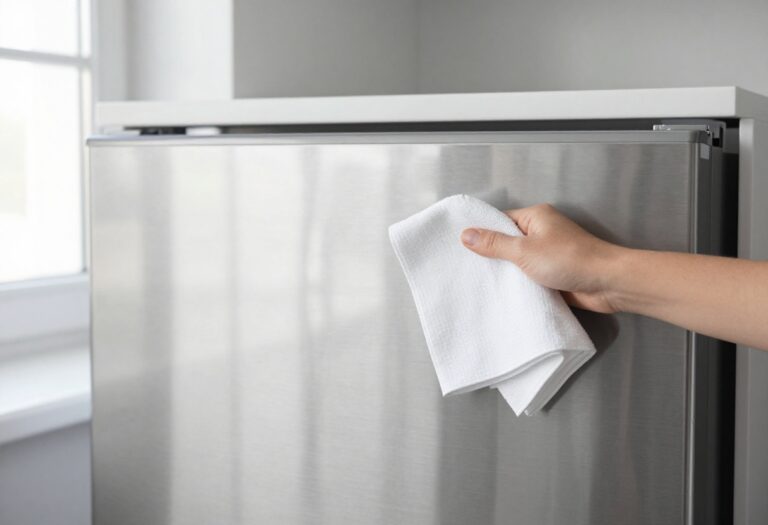 Clean stainless steel fridge with cleaning cloth and spray bottle