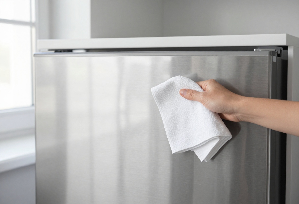Clean stainless steel fridge with cleaning cloth and spray bottle