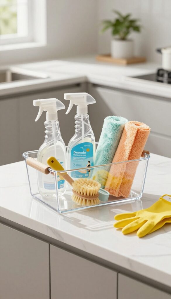 A neatly organized cleaning caddy with essential supplies on a kitchen counter, ready for use.