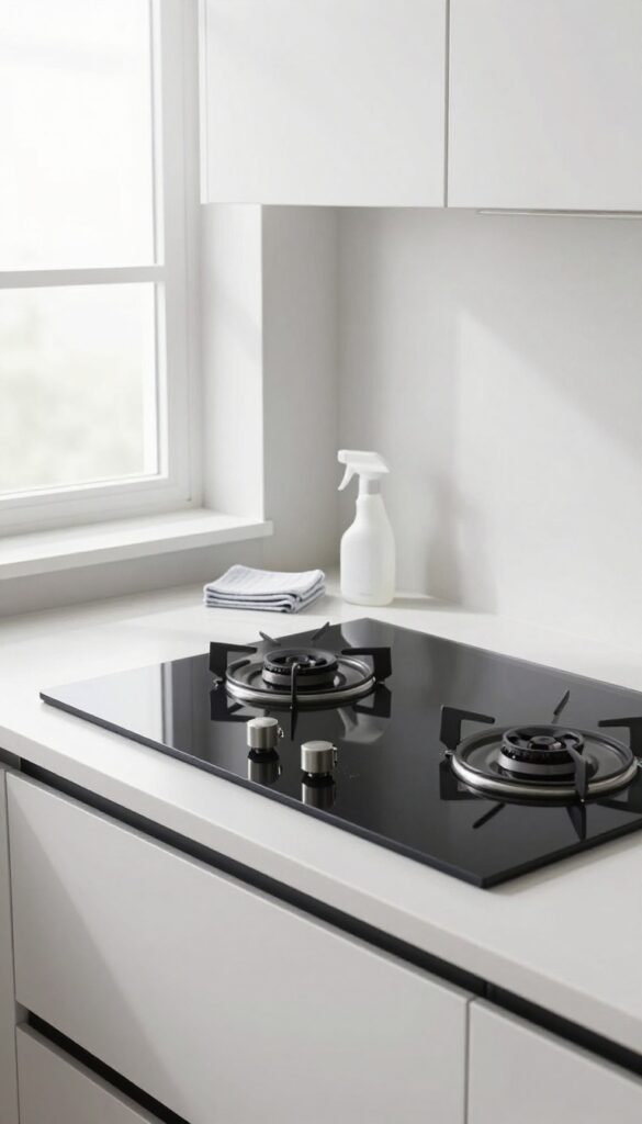 A clean glass stove top with a cloth and cleaner beside it, waiting to be cleaned.