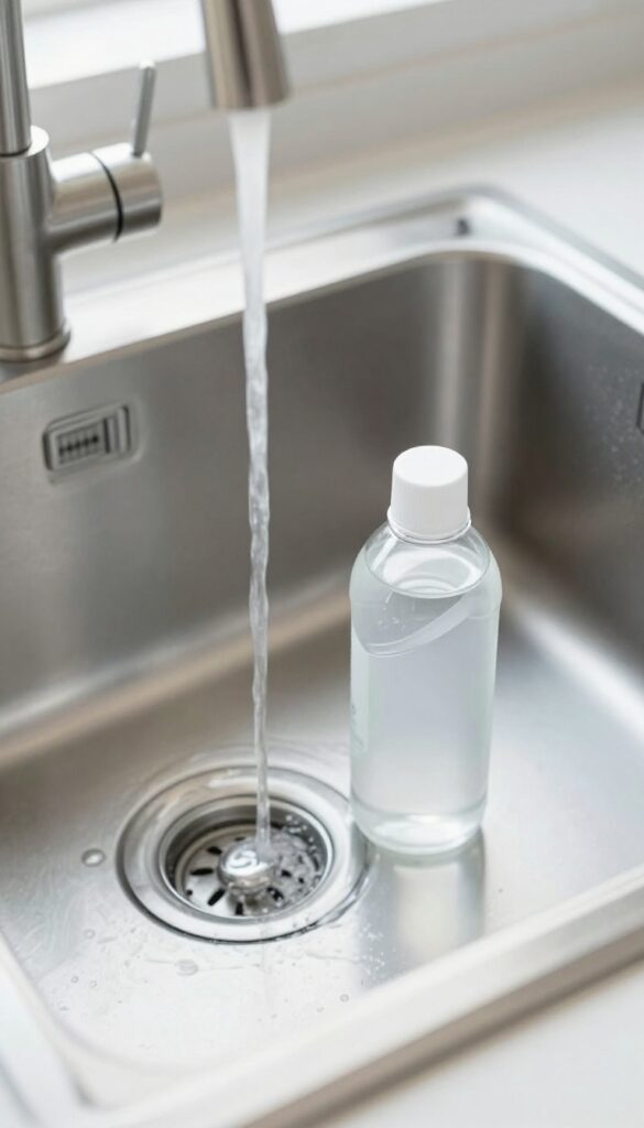 Enzyme drain cleaner bottle next to a clean kitchen sink with water running
