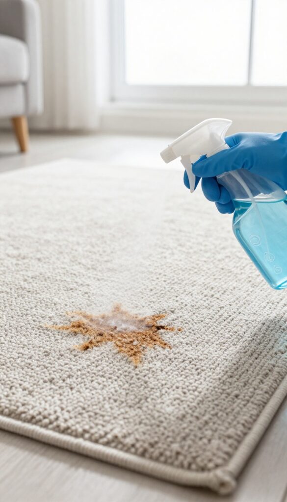 Hand spraying enzymatic cleaner on a pet stain on a rug in a sunlit living room