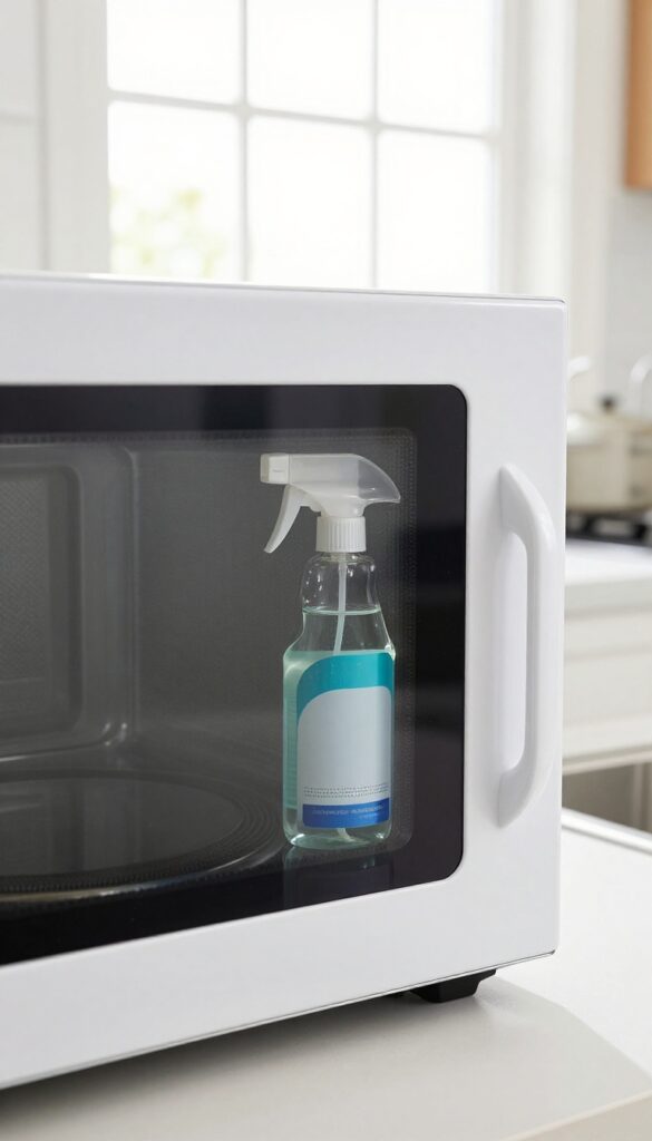 Clean microwave interior with commercial cleaner spray bottle