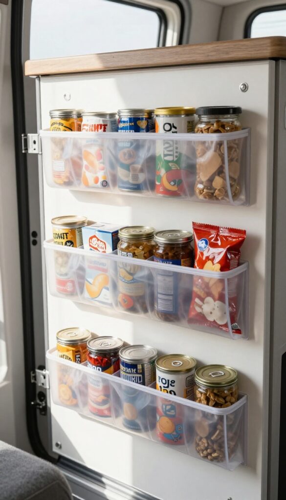 Clear over-the-door shoe organizer on camper cabinet door holding cans and jars for easy access
