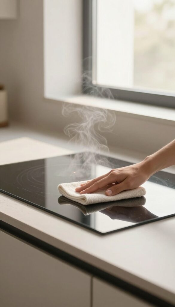Hand wiping a glass stovetop with a microfiber cloth after cooking