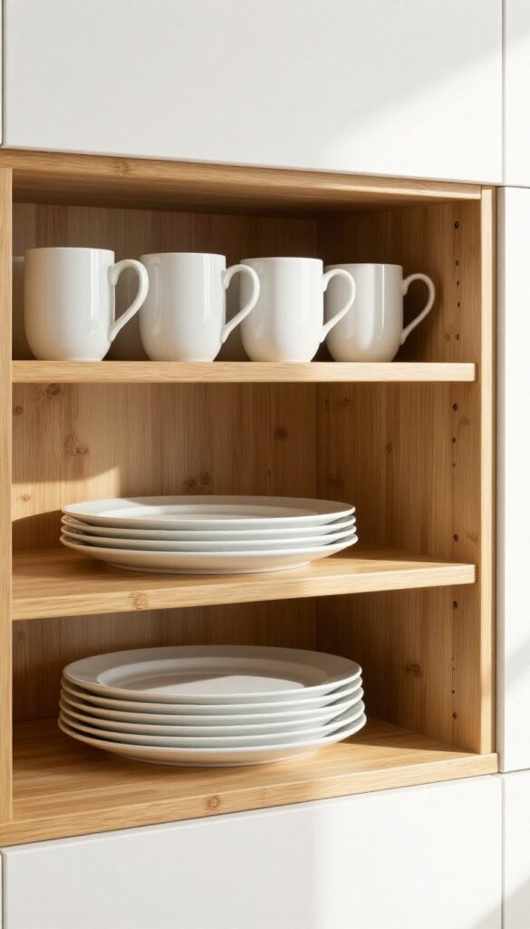 Kitchen cabinet with bamboo shelf risers doubling vertical space, neatly stacked plates and mugs.