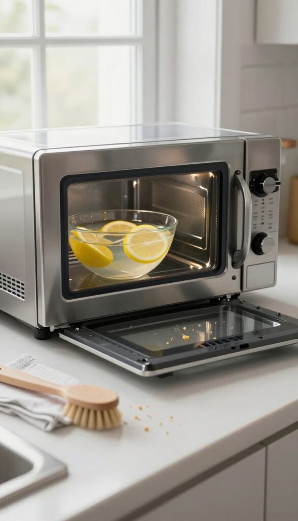Clean stainless steel microwave and toaster on a bright kitchen countertop with cleaning tools nearby