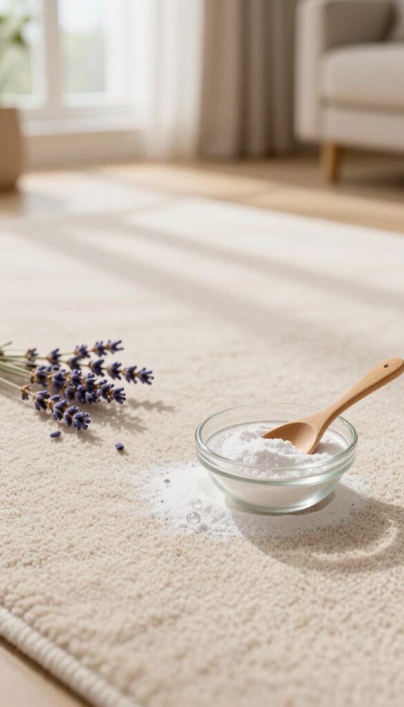 Baking soda and lavender essential oil on a beige carpet for natural freshness
