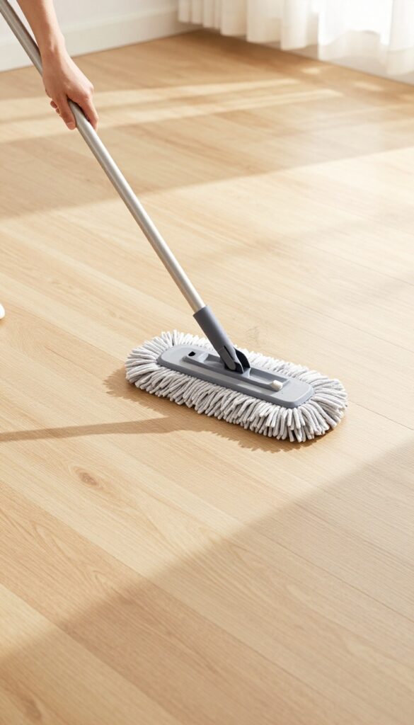 A person sweeping a hardwood floor with a microfiber dust mop before mopping, with sunlight streaming in.