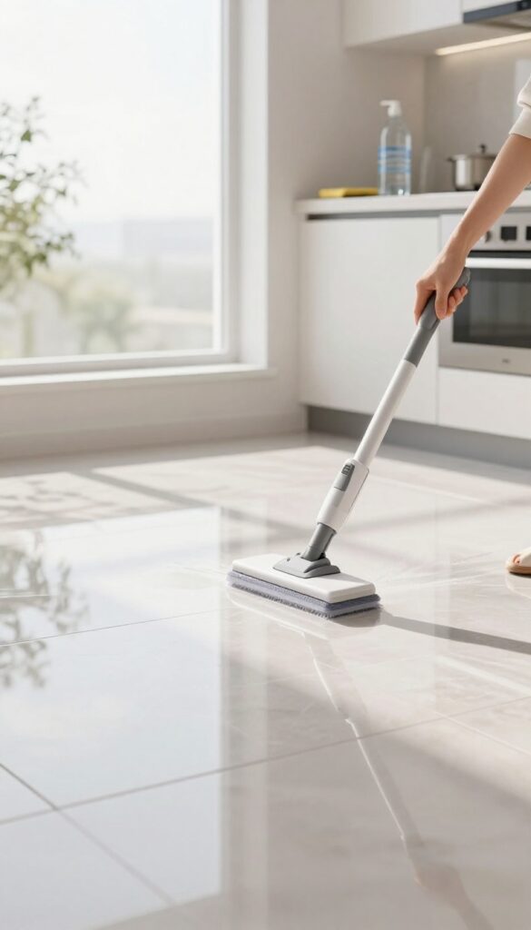 Steam mop cleaning a shiny tile floor in a bright kitchen