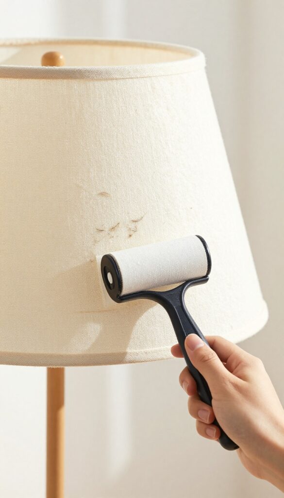 Hand using lint roller on fabric lampshade to remove dust and pet hair in bright living room