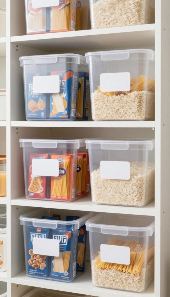 Modern pantry with clear labeled bins organizing pasta, snacks, and rice