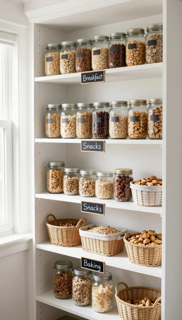 Pantry shelves with chalkboard labels for each zone, organized jars and baskets, bright natural light.
