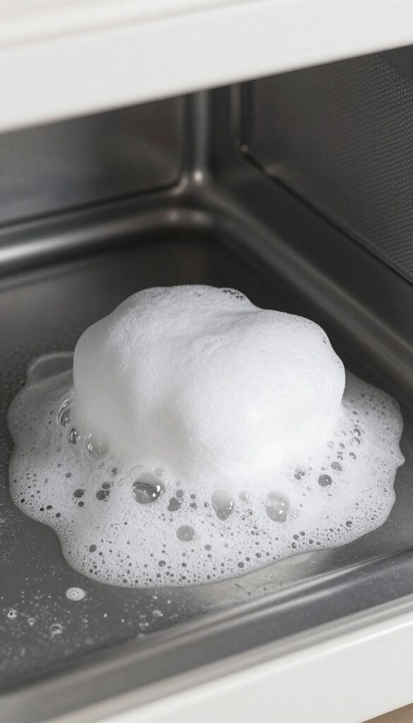 Baking soda and vinegar fizzing inside a microwave to clean tough grime.