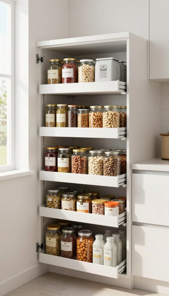Pull-out drawers in a deep pantry shelf with organized canned goods and jars, bright natural light, clean composition.