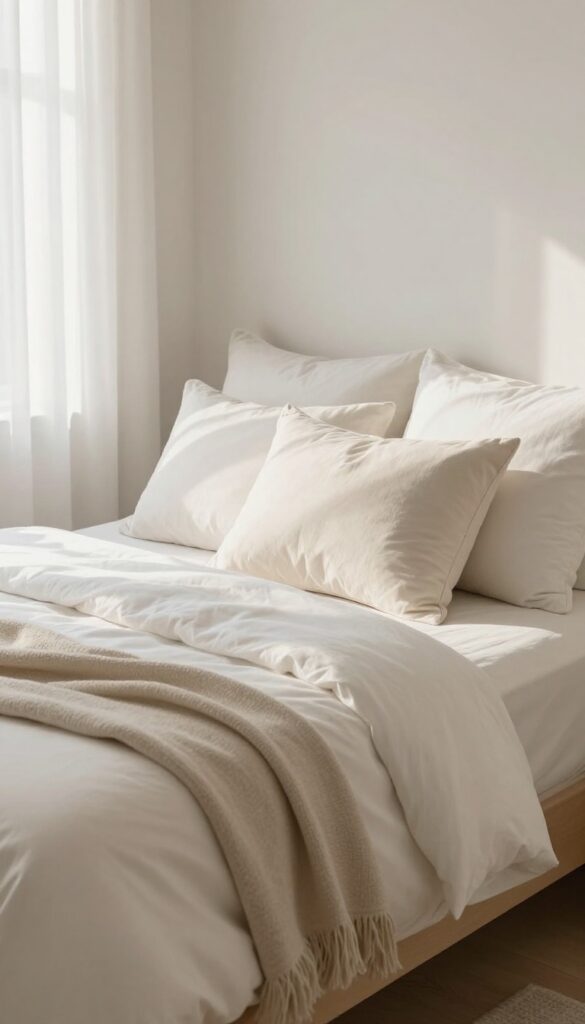 Fluffed pillows and arranged throw on a made bed in a bright, cozy bedroom