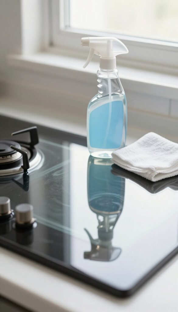 Glass stove top being cleaned with dedicated cooktop cleaner and microfiber cloth