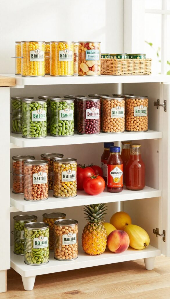 Organized pantry shelf with canned goods grouped by type in bins and tiered organizers