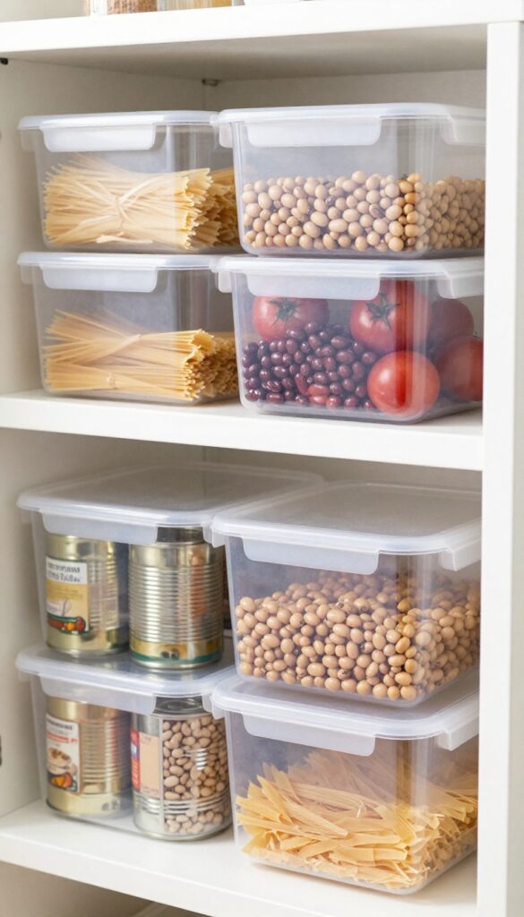 Organized pantry with FIFO system using clear bins and can dispenser