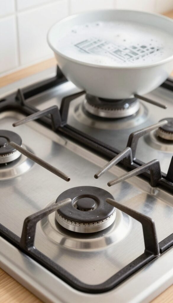 Gas stove top with removable parts soaking in soapy water, ready for monthly deep clean.