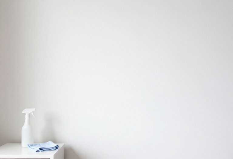 Clean wall with cleaning supplies on a side table