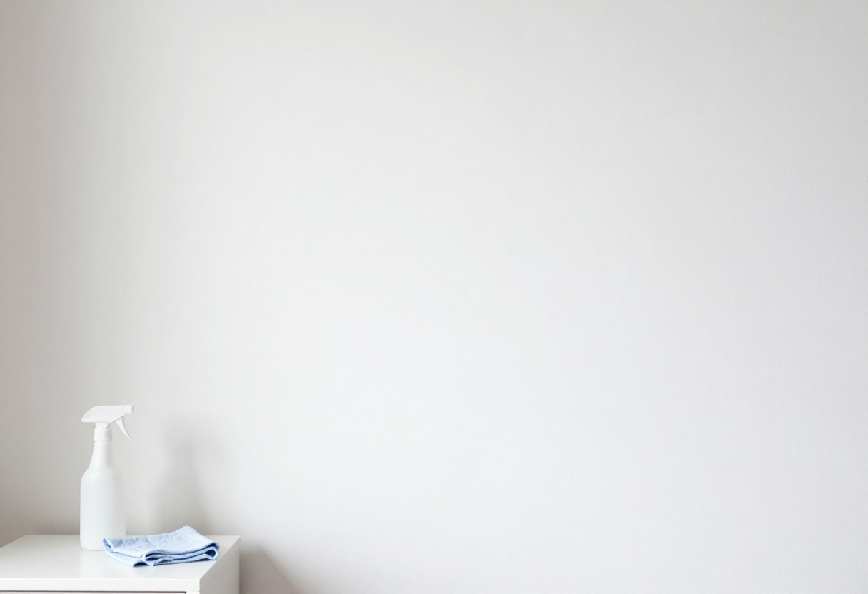 Clean wall with cleaning supplies on a side table
