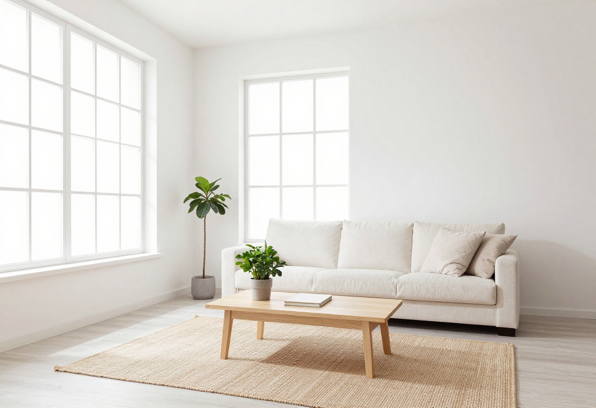 Clean and organized living room with natural light, plant, and book on coffee table
