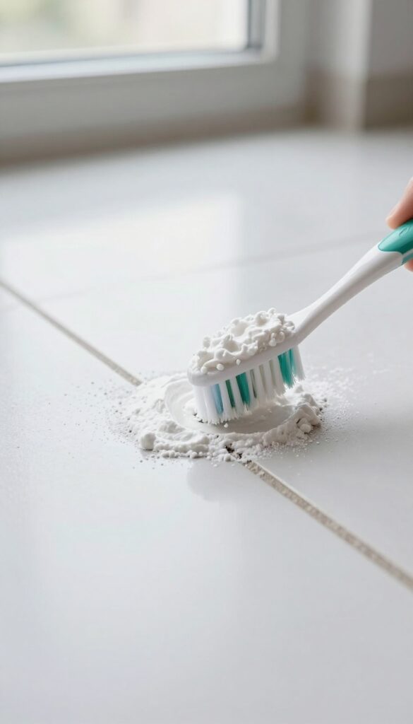 Close-up of a toothbrush applying baking soda paste to a grout line on a clean tile floor.