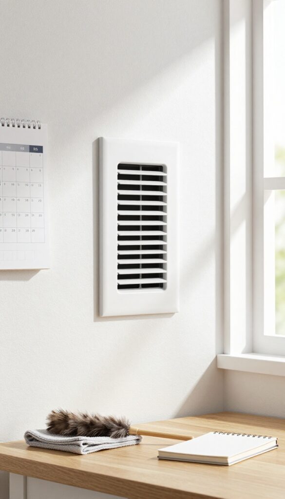 Clean white air vent with calendar, notebook, feather duster, and microfiber cloth in bright natural light