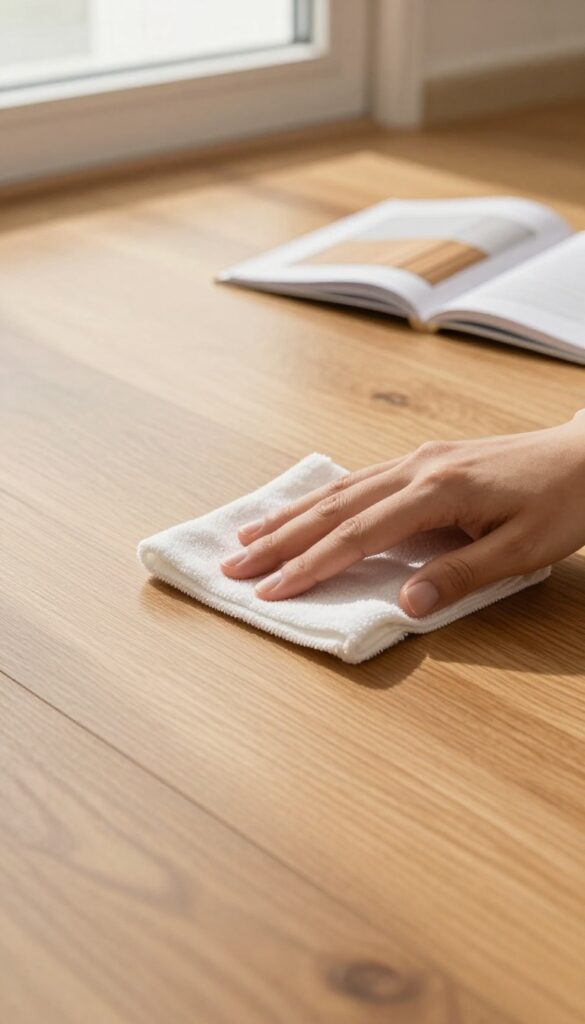 Hand wiping a shiny hardwood floor with a microfiber cloth, with a care guide booklet nearby