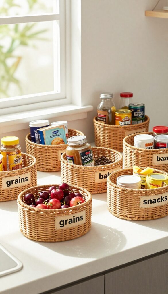Empty pantry shelves being wiped clean, with items sorted into labeled baskets on the counter