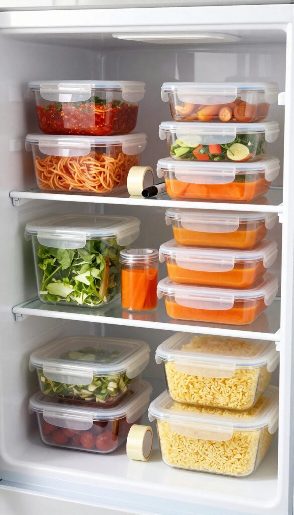 Clear containers for leftovers neatly stacked in a refrigerator, showing colorful food inside, with masking tape and marker for labeling.