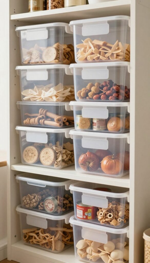 Small pantry with deep shelves organized using clear stackable bins, each labeled and filled with different food categories, bright natural light.