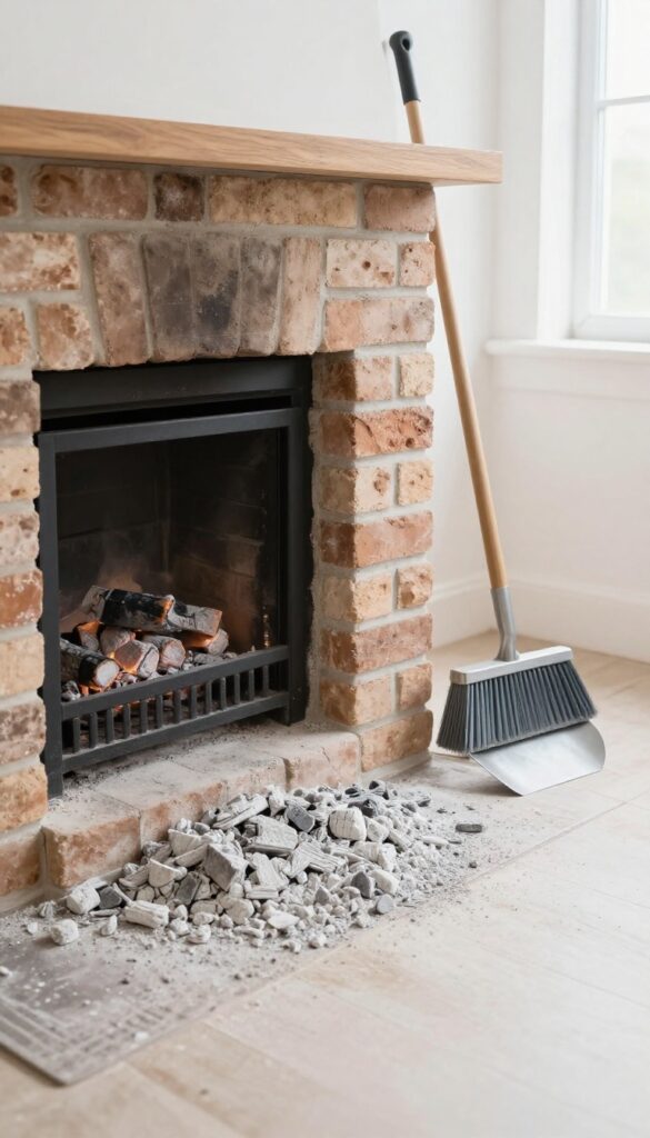 Clean firebox with ash layer and metal tools