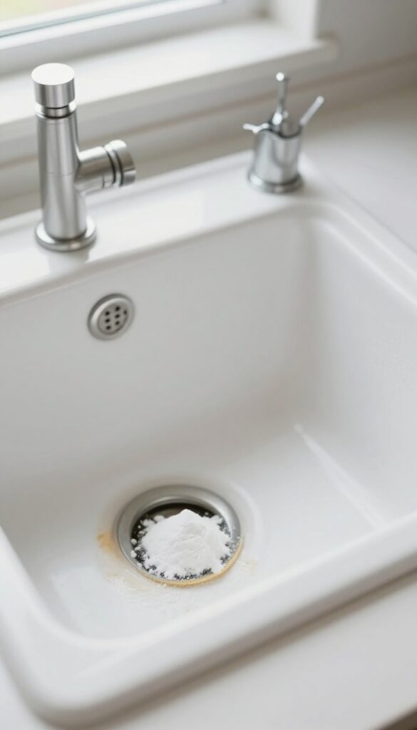 Baking soda on a sponge next to a stained ceramic sink in a bright kitchen.