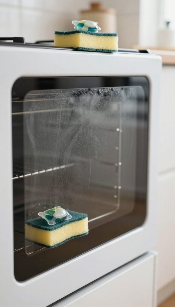 Oven door glass being cleaned with a dishwasher pod and sponge