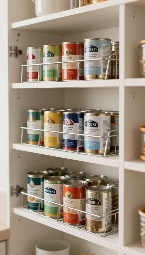 Tiered can dispenser on a deep pantry shelf holding colorful canned goods in a single-file line, angled downward for easy access