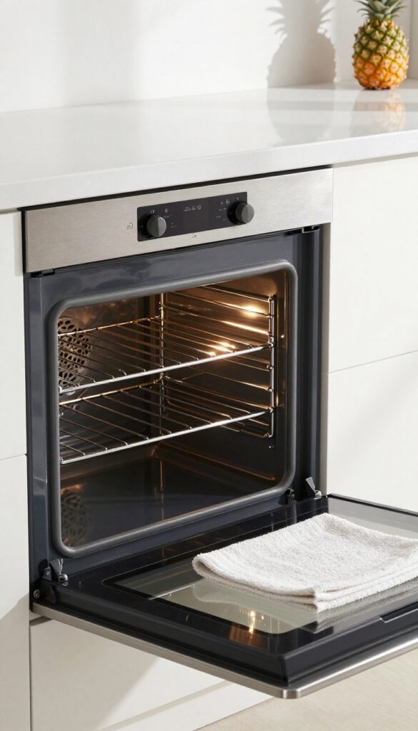 Clean oven interior with chrome racks being replaced, towel on oven door, bright natural light.