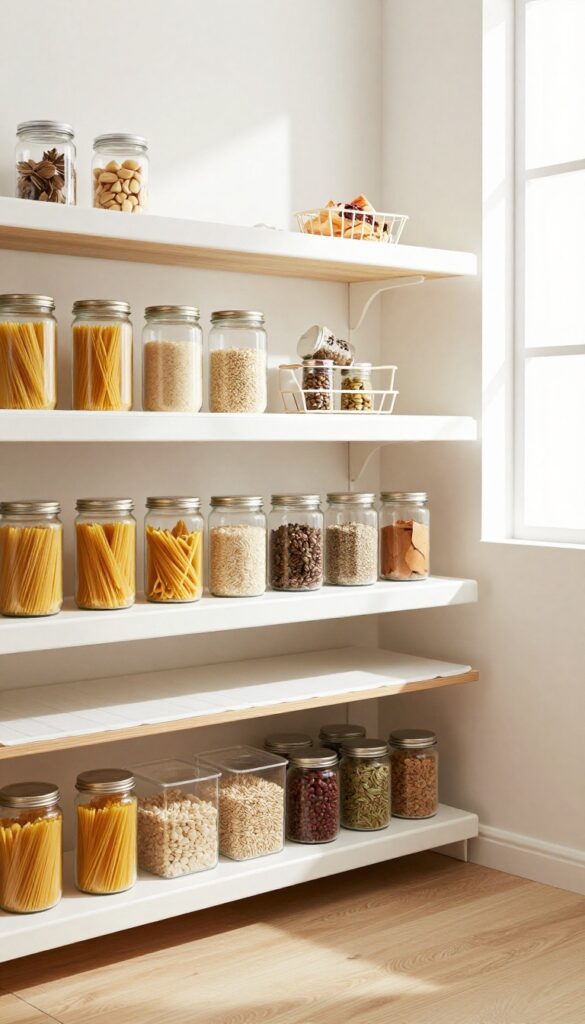 Organized pantry shelves with clear bins and glass jars, clean and bright.