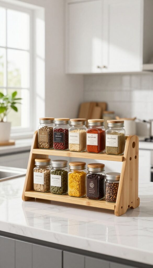 Tiered spice rack on kitchen counter with organized spice jars, wooden or bamboo material, natural light, clean and bright kitchen background