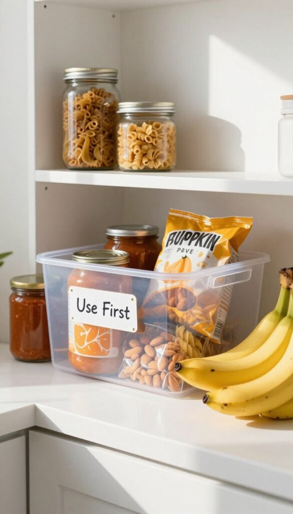 A clear plastic bin labeled 'Use First' on a pantry shelf, filled with near-expired canned goods and snacks, with natural light illuminating the scene.