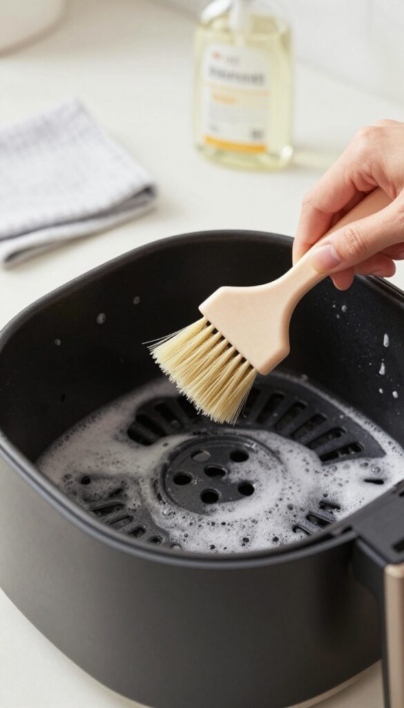 Person scrubbing air fryer basket with a soft-bristled brush