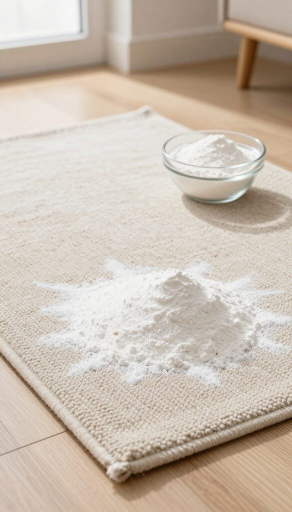 Close-up of baking soda sprinkled on a beige wool rug for odor neutralization